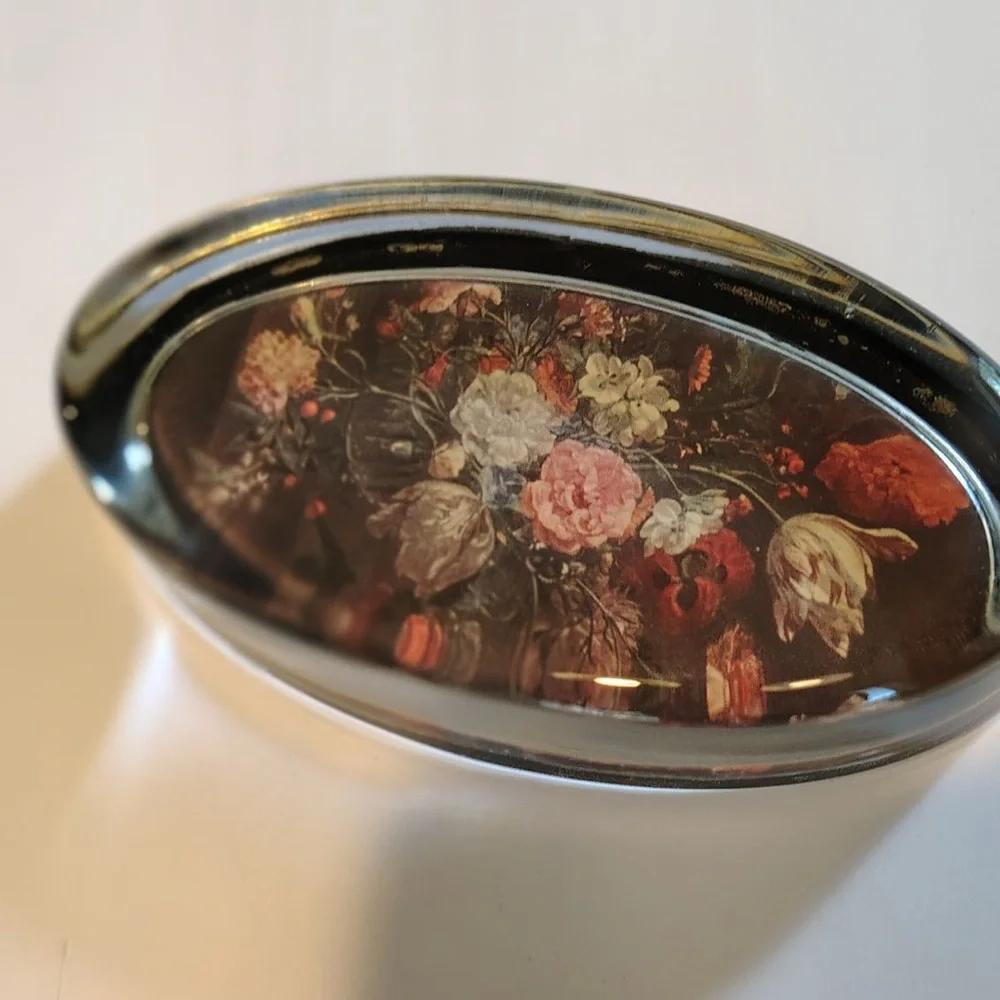 Vtg Italian Oval Floral Paper Weight Romantic Dark Moody Black Pink Felt Bottom